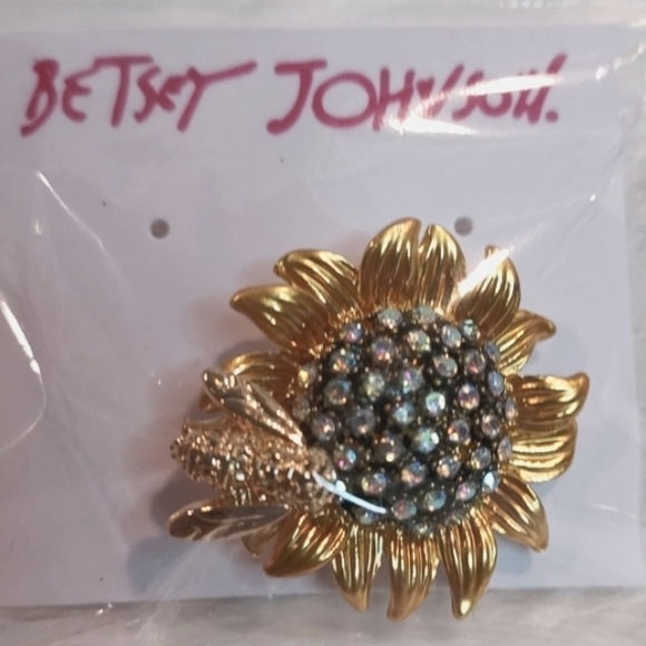 BETSEY Johnson Sunflower Honeybee Gold Enamel Crystal Brooch Pin NEW - Picture 2 of 6
